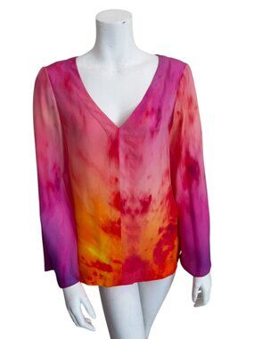 TANGERINE NYC 100% Silk Tie Dye Blouse Pink Orange V-Neck Top L